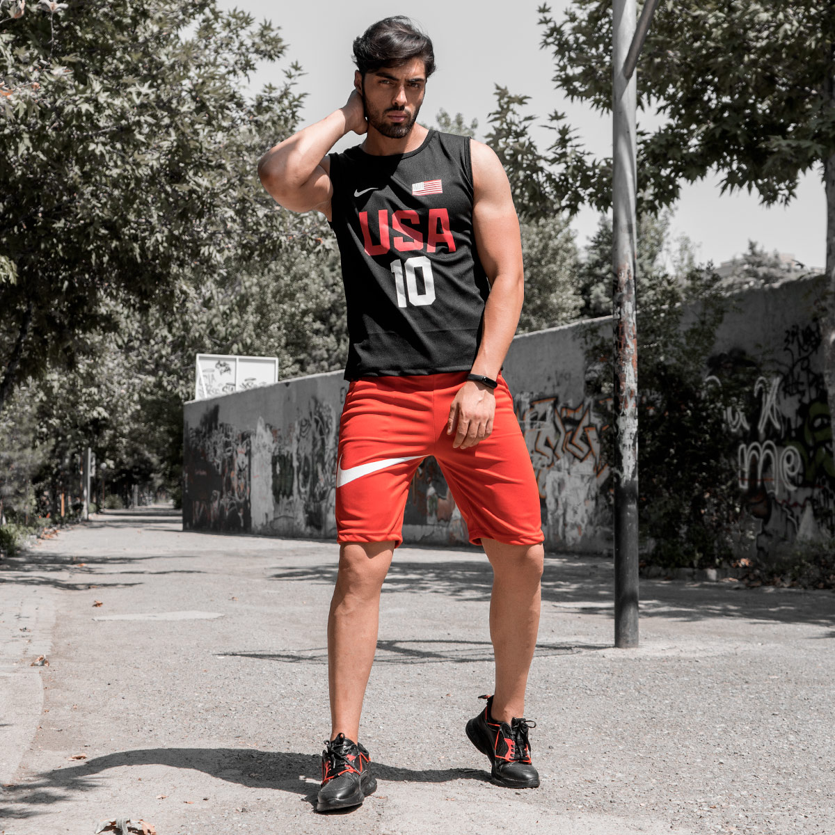 ست رکابی شلوارک Nike مردانه مشکی مدل USA10