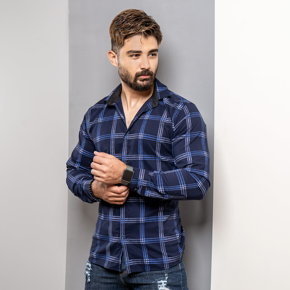 پیراهن چهارخونه(T) سرمه‌ای مردانه مدل Siyam